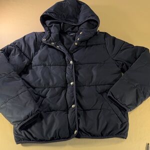 J crew Mercantile women’s hooded puffer coat with gold tone buttons full zip